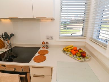 A kitchen countertop with a stove, utensils, salt and pepper shakers, a fruit tray, and windows with blinds at Una Lodge 77 in Carbis Bay