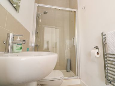 A bathroom with a sink a toilet a glass shower enclosure and a heated towel rack at Una Lodge 77 in Carbis Bay