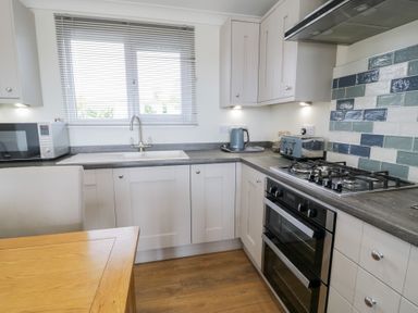 A kitchen with appliances including a microwave, sink, and gas stove at Platinum Lodge (503) Talybont