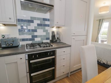 A kitchen with cabinets and a gas stove at Platinum Lodge (503) Talybont