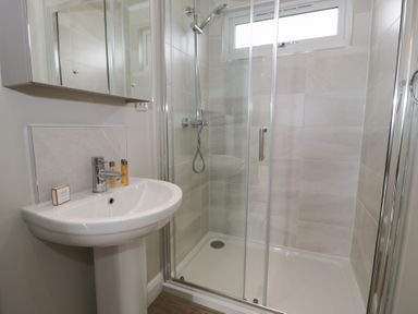 A bathroom with a shower and sink at Platinum Lodge (503) Talybont