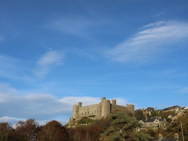 A castle on a hill with trees and buildings below at Platinum Lodge (503) Talybont