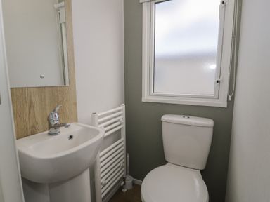 A bathroom with a toilet, sink, mirror, and radiator at Lido Silver Plus 111 Prestatyn