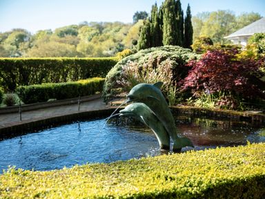 A garden pond with dolphin water fountains surrounded by hedges and trees at Hunters Moon in Charlestown