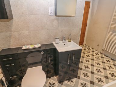 A bathroom with a toilet, sink with cabinet, mirror, and patterned floor tiles at Blacksmiths Cottage in Pembroke