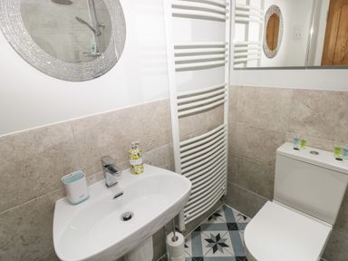 A bathroom with a sink a toilet a round mirror and a towel radiator at Blacksmiths Cottage in Pembroke