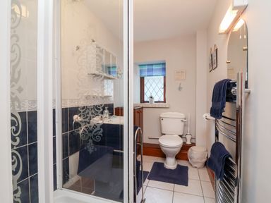 A bathroom with a shower cubicle toilet sink and towel rack at Old Farm Cottage in Woolacombe