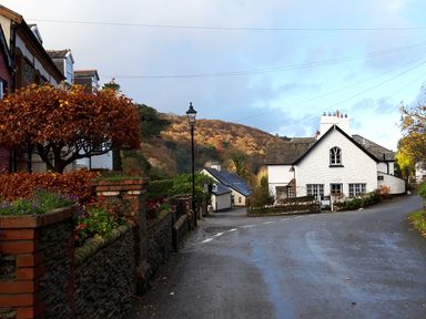 A street with stone and brick walls flowers and trees passing by white cottages and a hill with trees in the background at Old Farm Cottage Woolacombe