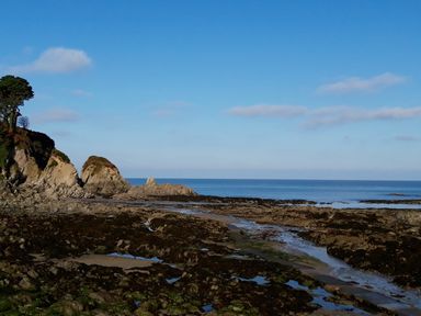 A rocky coastal area with cliffs and the sea under a blue sky at Old Farm Cottage in Woolacombe