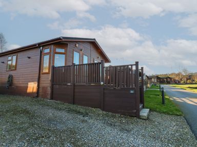 A brown wooden cabin with a fenced deck next to a gravel driveway and a paved road at The Sanctuary Badgers Retreat Holiday Park near Catterick Garrison North Yorkshire
