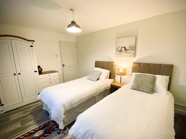 A bedroom with two single beds a bedside table with a lamp a wardrobe a dresser and a painting on the wall at Trelawne Near Crackington Haven