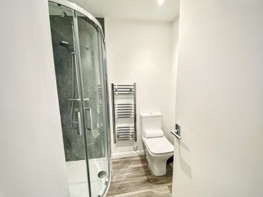A bathroom with a shower enclosure toilet and heated towel rail at Trelawne Near Crackington Haven