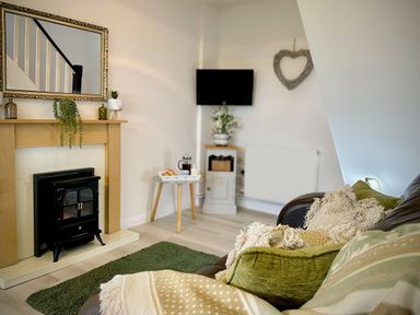 A living room with a fireplace a television and seating area at Penkenna in Crackington Haven