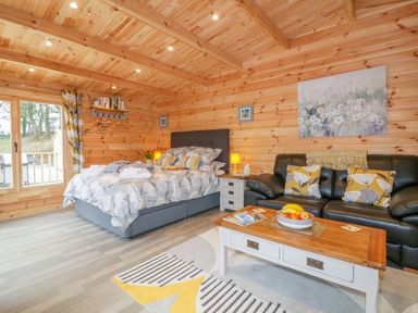 A wooden room with a bed a black leather sofa a coffee table and a sliding glass door at Little Orchard Lodge in Goonhavern