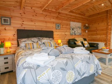 A bedroom with a bed, bedside tables with lamps, a sofa, coffee table with fruit bowl, wooden walls at Little Orchard Lodge in Goonhavern