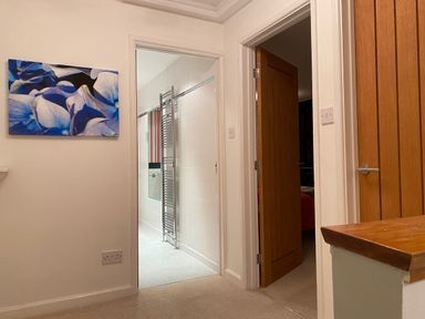 A hallway with doors leading to a bathroom and a bedroom and a blue floral painting on the wall at Maceley in Kingsbridge