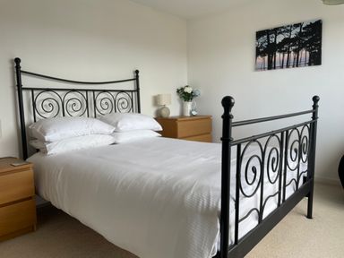 A bedroom with a black metal bed frame and white bedding beside wooden nightstands with a lamp and a vase with flowers at Maceley in Kingsbridge