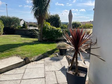 A garden with a paved patio, potted plants, a cat, lawn, trees, and an umbrella at Maceley in Kingsbridge