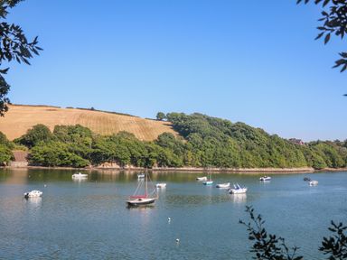 A river with several small boats and grassy hills with trees in the background at Maceley in Kingsbridge