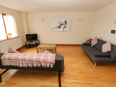 A living room with two gray sofas a wooden coffee table a TV on a stand and abstract art on the wall at 15 Sovereign House in Milford Haven