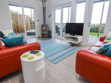 A living room with two red sofas a wood stove television and large windows at Petroc in Portreath