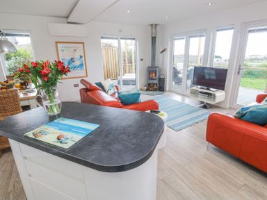 A living room with red leather sofas a wood stove a television and large windows at Petroc in Portreath