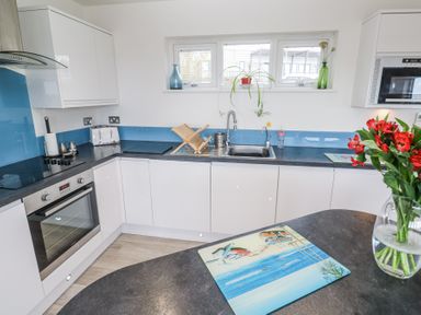 A kitchen with white cabinets blue backsplash a sink oven and flowers on a counter at Petroc in Portreath