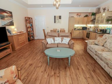 An open plan living room and kitchen with sofas a coffee table and wooden flooring at Apartment 7 Mansion House in Tenby