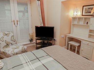 A bedroom with a bed a butterfly-patterned chair a television on a stand and a white desk with a stool at Apartment 7 Mansion House Tenby