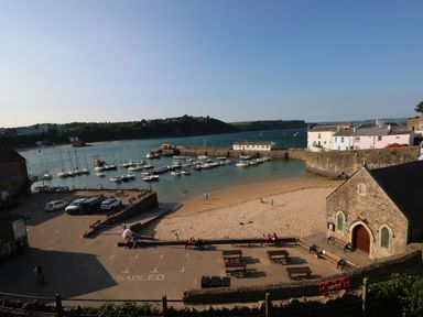 A small harbor with boats docked near a sandy beach and stone buildings at Apartment 7 Mansion House in Tenby