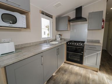 A kitchen with various appliances and cabinets at Gold Caravan (203) Talybont