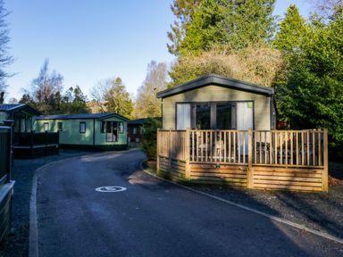 A road with mobile homes on both sides surrounded by trees at Lily Rose Lodge in White Cross Bay near Troutbeck Bridge