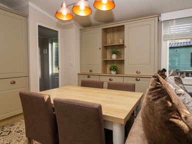 A dining area with a wooden table four brown chairs built in cabinets with decorative plants and hanging lights at Lily Rose Lodge in White Cross Bay near Troutbeck Bridge