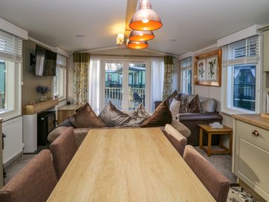 A dining table with chairs and sofas in a living room with a television and framed picture at Lily Rose Lodge White Cross Bay near Troutbeck Bridge