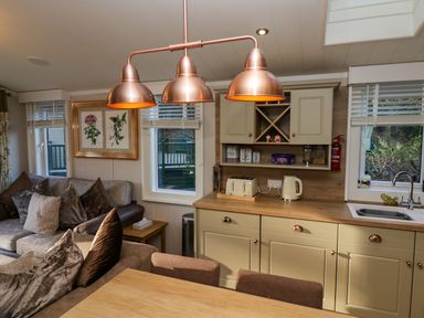 A kitchen and living area with a wooden table and chairs a sofa with cushions kitchen cabinets a toaster kettle and a sink at Lily Rose Lodge White Cross Bay near Troutbeck Bridge
