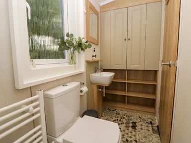 A bathroom with a toilet sink cabinet mirror and patterned floor at Lily Rose Lodge in White Cross Bay near Troutbeck Bridge