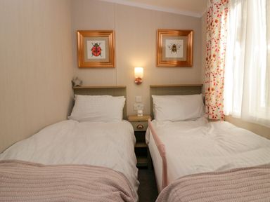 A bedroom with two single beds side by side a nightstand with a lamp between them wall art of insects above beds and floral curtains on window at Lily Rose Lodge White Cross Bay near Troutbeck Bridge