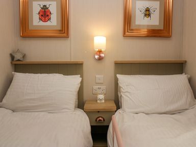 A bedroom with two single beds a nightstand between them a wall lamp above and bug paintings on the walls at Lily Rose Lodge in White Cross Bay near Troutbeck Bridge