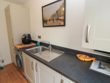 A kitchen counter with a sink an air fryer a washing machine and a fish shaped dish on the countertop at 4 Centurion Rise in Penrith