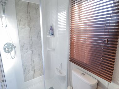 A bathroom with a shower enclosure a toilet and a window with wooden blinds at Downtime Lodge near Felton