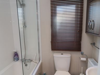 A bathroom with a bathtub a showerhead a toilet with a window blind above and a cabinet on the wall at Downtime Lodge near Felton