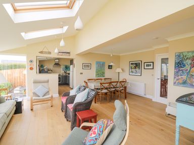A living and dining room with skylights wooden floor and various chairs at Tree Tops in Newport Pembrokeshire