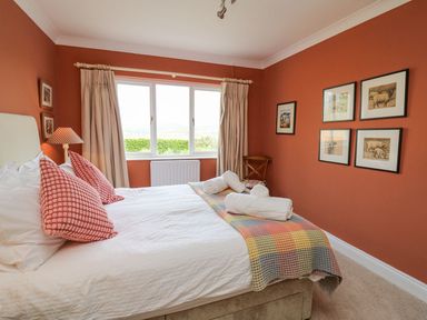 A bedroom with a bed white bedding pink cushions folded towels on the bed a window with curtains and framed pictures on the wall at Tree Tops in Newport Pembrokeshire