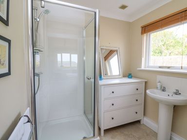 A bathroom with a glass shower enclosure a white dresser with a mirror and two small blue vases a pedestal sink and a window with wooden blinds at Tree Tops in Newport Pembrokeshire