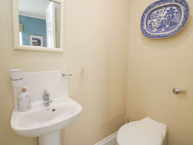 A bathroom with a white sink, mirror, soap dispenser, toilet, and decorative blue and white plate on the wall at Tree Tops in Newport Pembrokeshire