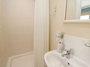A bathroom with a white shower curtain a tiled shower area a white sink a soap dispenser and a wall-mounted mirror at Tree Tops in Newport Pembrokeshire