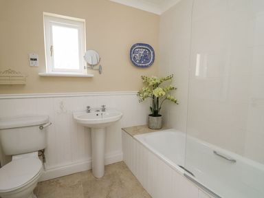 A bathroom with a toilet sink bathtub and a flower pot at Tree Tops in Newport Pembrokeshire