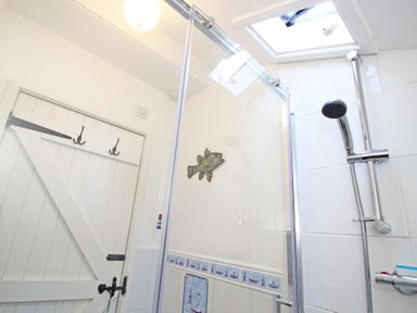 A bathroom with a shower enclosure showerhead skylight and a white wooden door at The Farmhouse in Llanbedr
