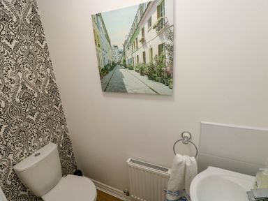 A small bathroom with a toilet sink towel on ring and wall art at Ty Bach Twt Llanelli