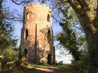 A stone tower structure surrounded by trees and a dirt path at Little Dragons in Dunster near Minehead